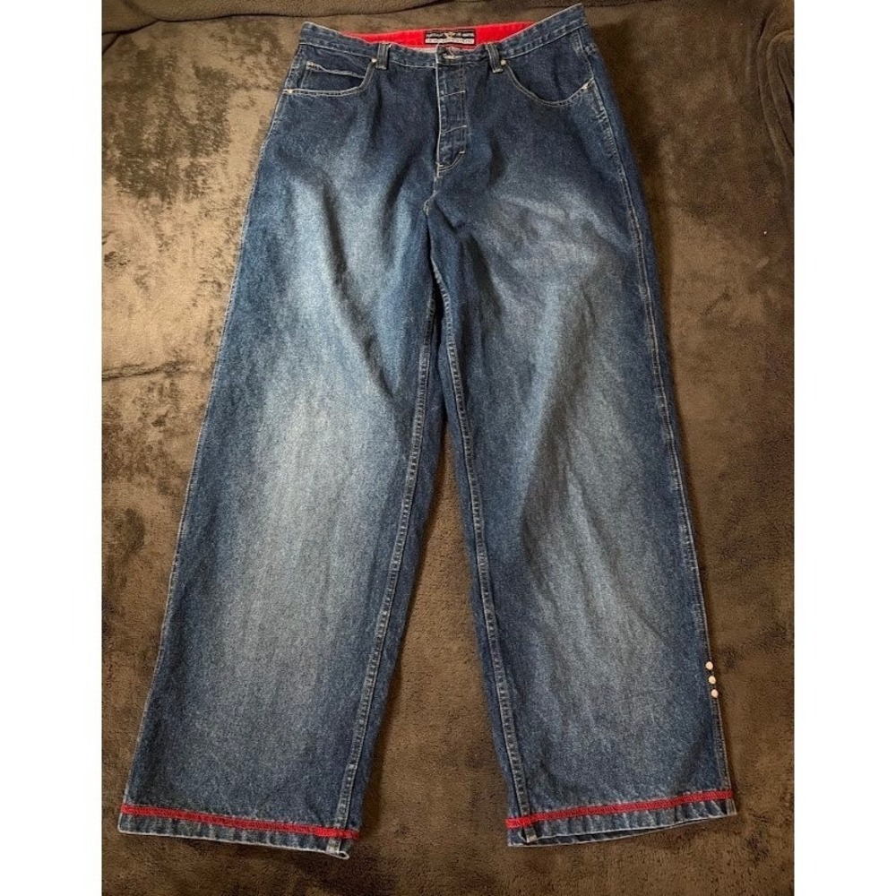 Vintage Pure Playaz Wide Leg Baggy Jeans 38x33 Blue Denim Red Stitch 90s Y2K